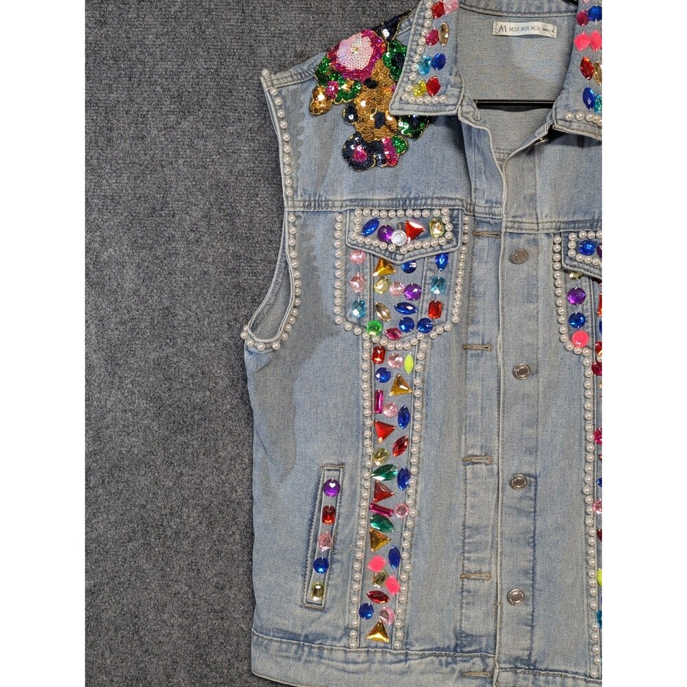 Handmade Denim Vest Pearl Embellished Sequin Floral Boho Festival Western - Picture 3 of 10